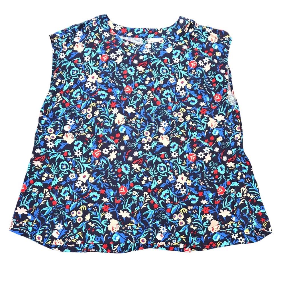 Talbots Sleeveless Rayon Blouse Women's Size XL Navy Blue Floral Round Neck
